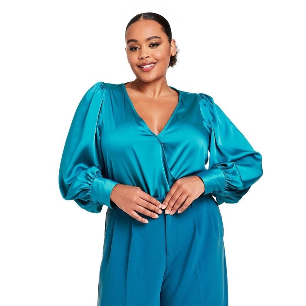 Sergio Hudson x Target Teal Satin Blouse with Puff Sleeves